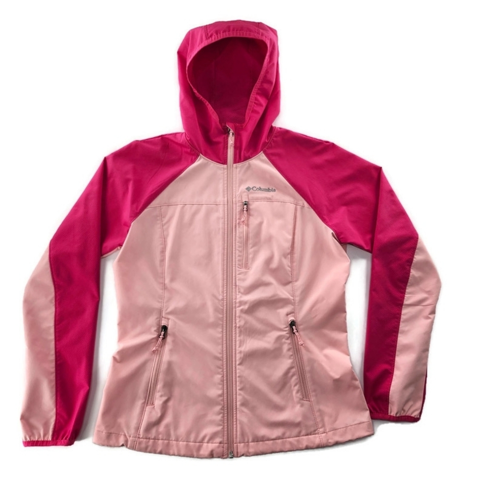 Columbia Light & Dark Pink Hooded Wind Water Resistant Softshell Stretch Jacket